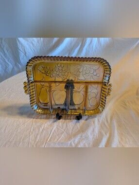 2/30$ Indiana Glass Amber Fruit Motif Divided Serving Tray